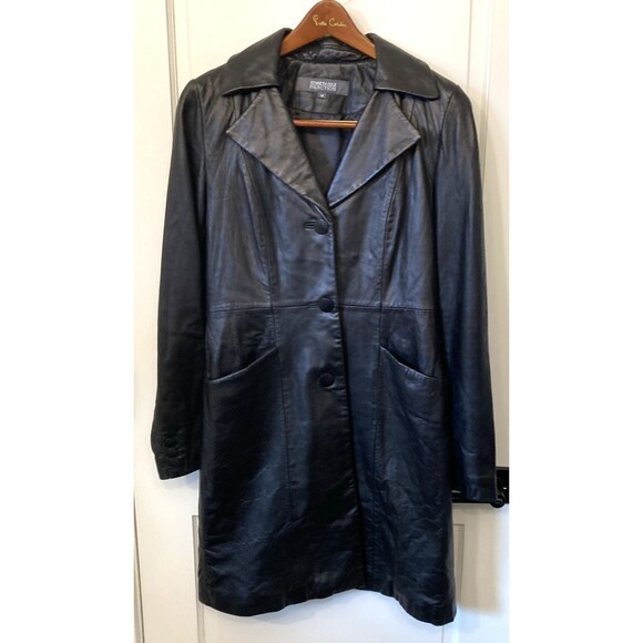 Kenneth Cole Soft Leather Knee Length M Coat Trench Goth Whimsigoth Vamp Career - Picture 1 of 16